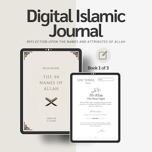 Könnte beinhalten: Ein digitales islamisches Tagebuch mit einem schwarz-weißen Cover, auf dem der Text "Reflexion über die Namen und Attribute Allahs" und "Die 99 Namen Allahs" steht. Das Tagebuch ist auf einer Seite mit dem Titel "Tag Drei" geöffnet, auf der der arabische Text "Al-A'laa (Der Allerhöchste)" und eine englische Übersetzung stehen.