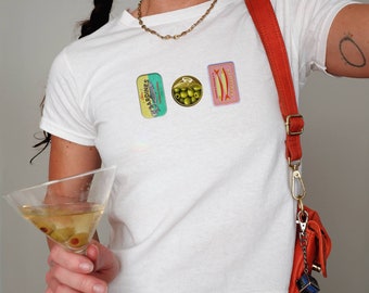 Sardine and Olive Shirt, Sardines Baby Tee y2k, Tin Fish y2k Shirt, Olive Crop Top, Seafood Graphic Tee, Downtown Girl, 2000s Fashion