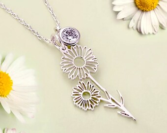 Silver Birth Flower Birthstone Necklace •  Custom Birth Flower Gift for Her • Custom Flower Necklace • Personalized Flower Necklace • Dainty
