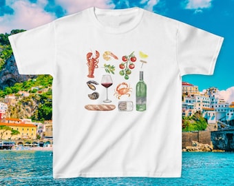 T-shirt bébé italien Été peint collage fruits de mer sardines côtières grand-mère petite-fille T-shirt bébé Italie La Dolce Vita Côte amalfitaine