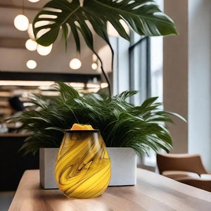 Puede incluir: Un difusor de aceites esenciales de vidrio marmoleado amarillo y negro con un brillo amarillo cálido. El difusor está sentado en una mesa de madera con una planta en maceta en el fondo.