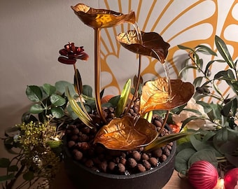 Metal Lotus Water Fountain with Scene Light, Zen Home Decor