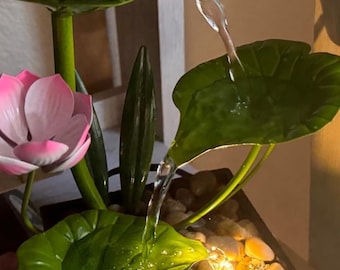 Indoor Waterfall Fountain Relaxation Tabletop Fountain 3-Tier Lotus Desk Fountain for Home Decor with Rocks and Soothing Sound Machine 9&quot;H