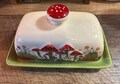 Ceramic Butterdish Butter Tray Large Butter Dish Covered Red Mushroom Butter Container Mushroom Butter Dish w/ Lid For Countertop Serveware