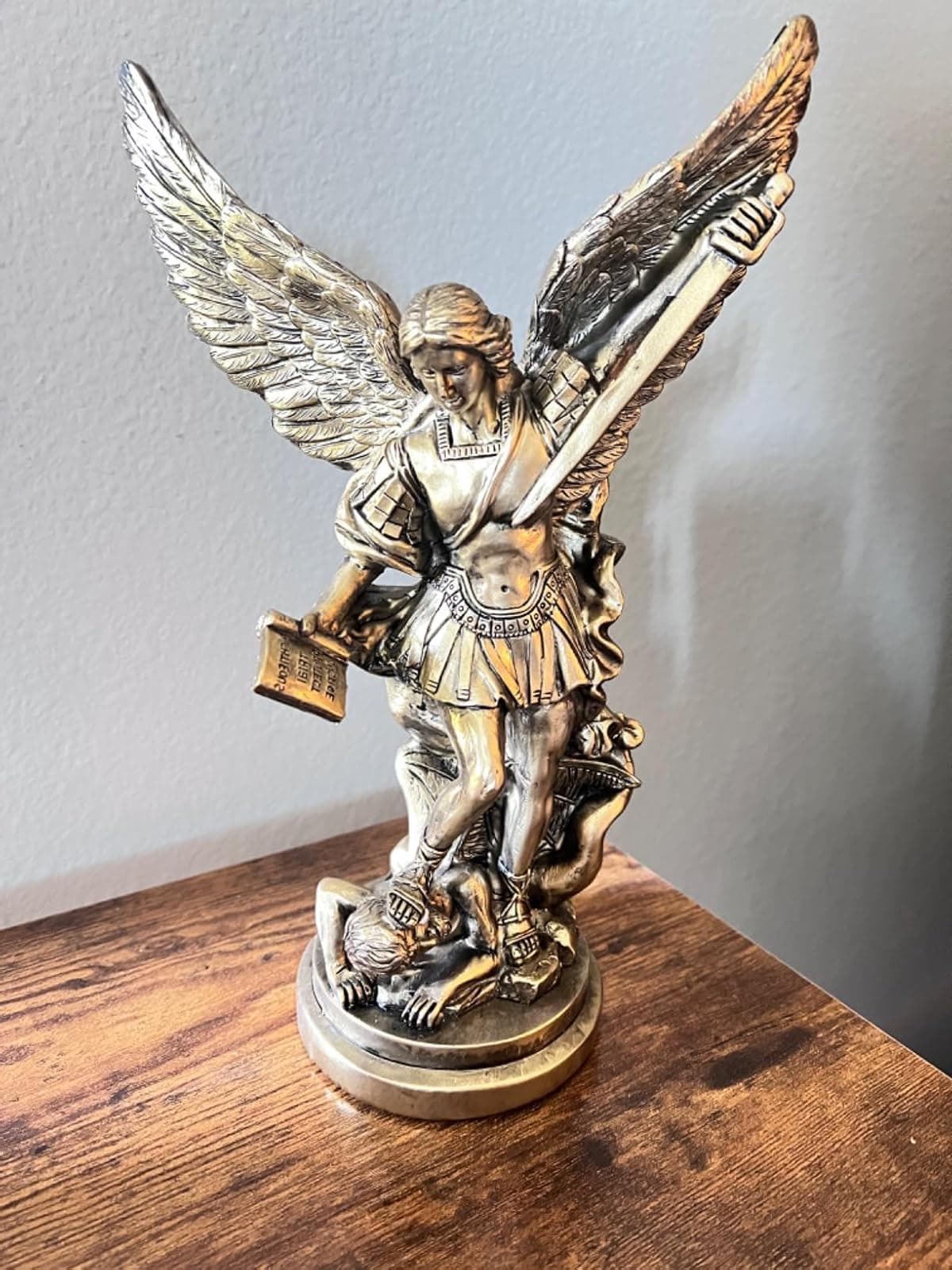 Arcangel Statue Saint Michael Defeating Satan Figurine Bronze Sculpture Archangel Michael Statue  Shelf Display Statue Collection 12.2 inch