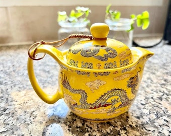 12oz Elegant Yellow Teapot Yellow Porcelain China with Stainless Steel Filtration Infuser for Loose Tea Dragon Design 6"D x 4"W x 4.5"H