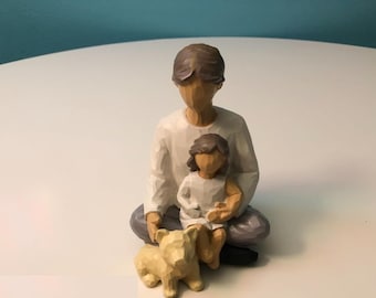 Family Sculpture Father Daughter with Dog Figurines Shelf Decor Desktop Home Bedroom Living Room Decoration Hand-Painted Figure Gifts 4.33"H