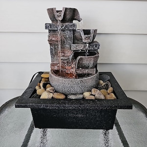 Home Office Decorative Tabletop Meditation and Relaxation 10&quot; 4-Tier Desktop Fountain with Imitation Stone Indoor Waterfall River Rocks