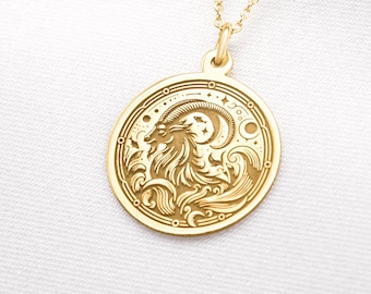 Collana in oro massiccio 14K con segno zodiacale Capricorno – Ciondolo astrologico con medaglione moneta – Incisione gratuita
