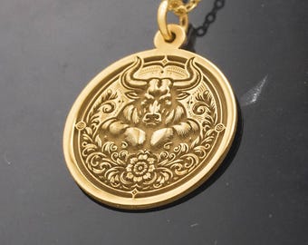 14K Solid Gold Taurus Necklace – Zodiac Bull Pendant, Astrology Medallion Coin – Free Engraving