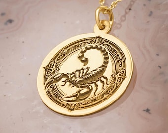 Colar em ouro maciço 14k com pingente do signo de Escorpião, medalhão astrológico e gravação gratuita.