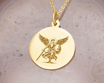 14K Massivgold Erzengel Michael Halskette - St Michael Medaillon Münzanhänger, Schutzengel Schmuck - Kostenlose Gravur