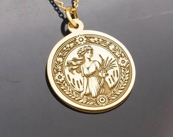 Collar del zodiaco Virgo en oro macizo de 14 k – Colgante astrológico con moneda de Virgo para ella – Grabado gratuito