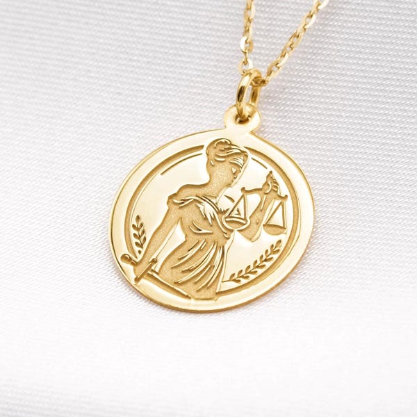 14K Solid Gold Lady Justice Necklace – Libra Pendant, Scales Medallion – Free Engraving