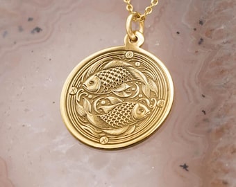 14k Solid Gold Pisces Necklace, Fish Constellation Coin Pendant, Astrology Jewelry, Minimalist Horoscope Medallion, Free Engraving