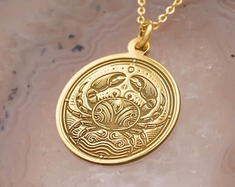 14k massivt guldhalsband med stjärnteckenet Kräftan, hänge med krabbamynt, astrologismycken, stjärnteckenpresent till henne, gratis gravyr