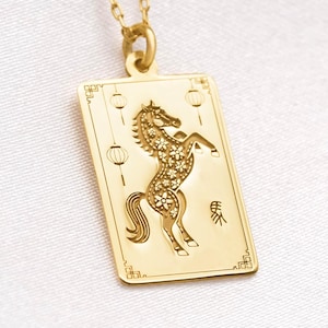 14k Solid Gold Fire Horse Necklace, Lunar New Year Pendant, Chinese Zodiac Charm, Free Engraving