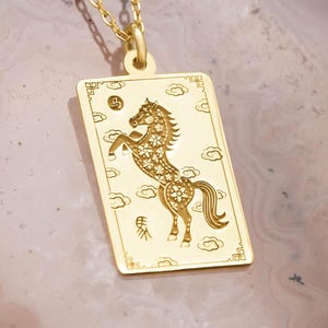 14k Solid Gold Year of the Horse Necklace, Chinese Zodiac Pendant, Lunar New Year Gift for Her, Free Engraving