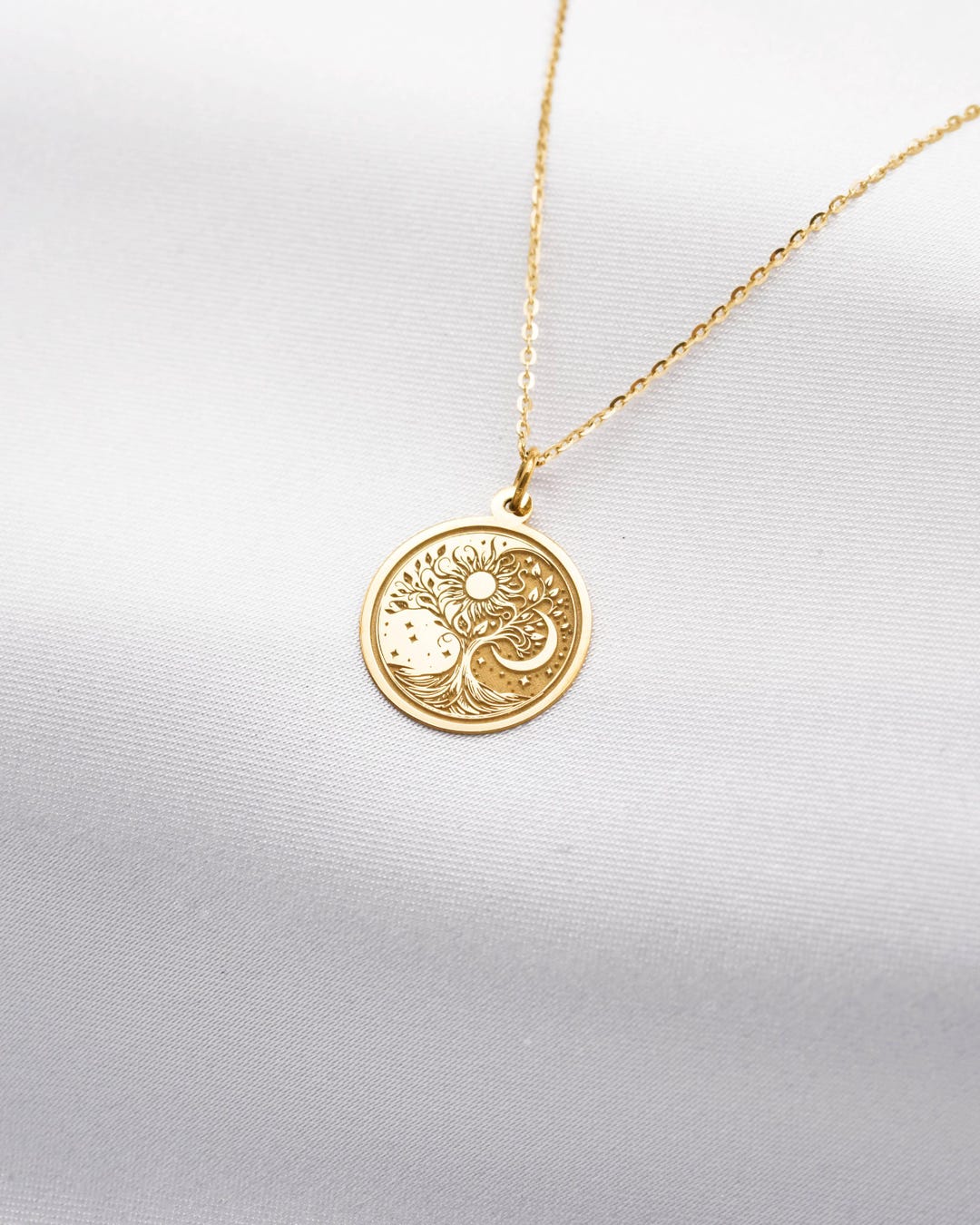 14k Solid Gold Tree of Life Necklace – Engraved Family Roots Pendant ...