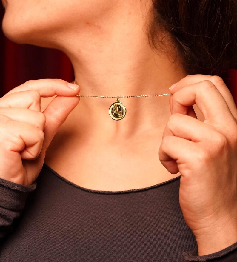 14k solid gold model close-up featuring the Year of the Horse necklace centered at the collarbone for a minimal everyday look. The round coin pendant represents Horse energy in Chinese astrology—freedom, passion, and forward progress—making it meaningful for zodiac birthdays and New Year celebrations. SEO terms: Chinese zodiac necklace, horse pendant, astrology jewelry, lunar new year gift, gold medallion charm, delicate layering necklace.