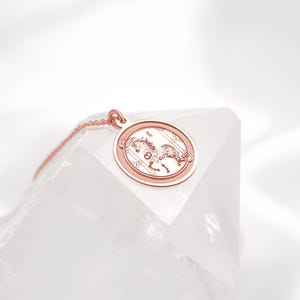 14k rose gold lunar new year horse necklace styled in a bright flatlay to show shine, chain drape, and the round coin silhouette. The Year of the Horse is associated with bold independence and lucky new starts in Chinese zodiac lore, making it a thoughtful keepsake. SEO search terms: rose gold horse necklace, chinese zodiac charm, year of the horse pendant, astrology jewelry, minimalist medallion necklace, free engraving gift.