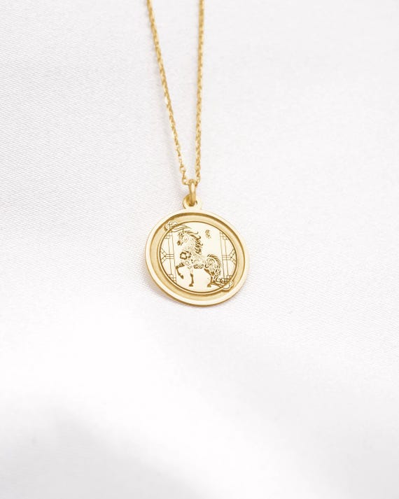 14k Solid Gold Year of the Horse Necklace, Chinese Zodiac Pendant, Lunar New Year Gift, Horse Coin Charm, Free Engraving