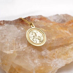 Side angle detail of a 14k solid gold Chinese zodiac horse necklace, showing the thickness, polished edge, and raised rim of the round medallion pendant on a fine chain. The Year of the Horse meaning—movement, courage, and independence—makes it a powerful keepsake. Keywords: horse zodiac pendant, lunar new year jewelry, Chinese zodiac necklace, gold medallion charm. Handmade finish for a clean, timeless look.