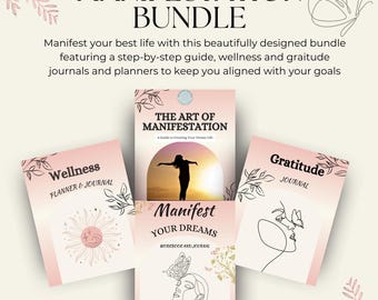 May include: A set of four pink and white journals with floral designs and gold accents. The journals are titled "The Art of Manifestation", "Wellness Planner & Journal", "Manifest Your Dreams Workbook and Journal", and "Gratitude Journal".