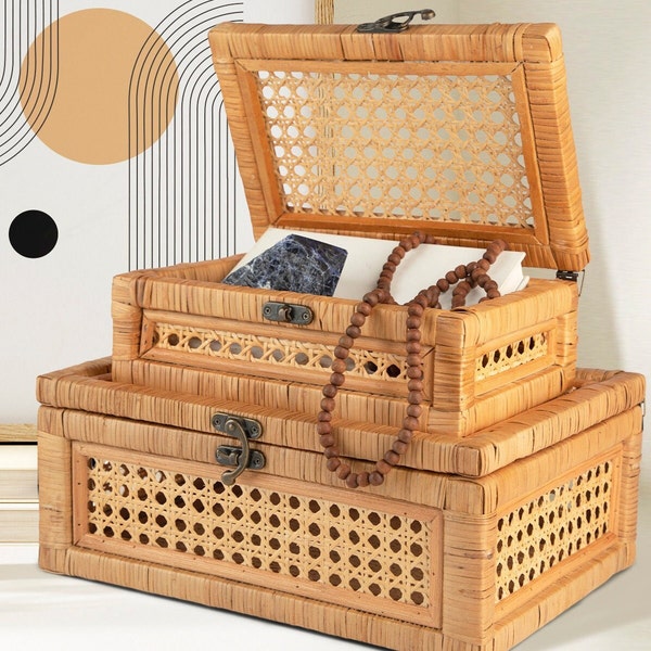 Handcrafted Rattan and Cane Rectangular Display Boxes with Woven Lids and Metal Clasps - Creative Home Storage and Decor