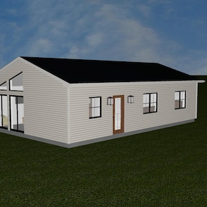 Op de afbeelding: Een digitale weergave van een klein, modern huis met een zwart dak en lichtgekleurde gevelbekleding. Het huis heeft grote ramen en een deur, met een eenvoudig, rechthoekig ontwerp. Het huis staat op een groen gazon onder een blauwe lucht.
