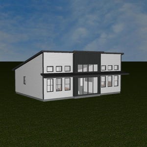 May include: A modern two-story house rendering with a white exterior, black accents, and large windows. The house has a flat roof and is set against a blue sky and green grass.