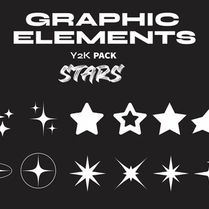 May include: A set of 10 white star-shaped graphic elements, including sparkling stars, outlined stars, and filled-in stars. The text "GRAPHIC ELEMENTS Y2K PACK STARS" is at the top of the image.