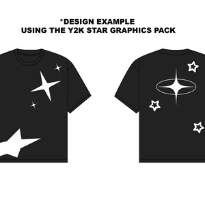 May include: A black t-shirt with a white star design on the front and back. The design includes a large star with smaller stars around it. The text "*DESIGN EXAMPLE USING THE Y2K STAR GRAPHICS PACK" is at the top of the image.