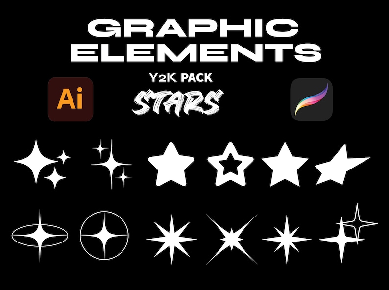 May include: A set of 10 white star graphic elements for digital design. The stars are in various styles, including a simple star, a star with a circle in the centre, and a star with a burst of light. The text "GRAPHIC ELEMENTS Y2K PACK STARS" is at the top of the image.