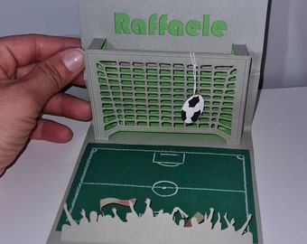 Soccer. Pop up, 3D greeting card for birthdays.