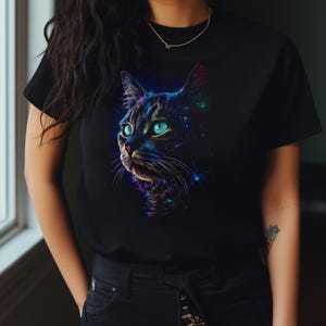 Celestial Black Cat Galaxy T-Shirt: Witchy Moon Graphic Tee