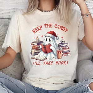 Comfort Colors® Retro Ghost Reading Books shirt, Librarian Ghost Halloween, Halloween Teacher shirt, Halloween tee, Teacher Gift, Boo School