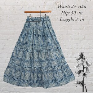 Indigo Dabu Print Cotton Elasticated A-Line Maxi Skirt
