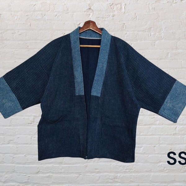Blue Indigo Haori Yukata Kimono Noragi Style Jacket light Cardigan /Man Woman Free Size Unisex / Stonewashed Cotton Used-look Trendy Unique