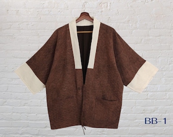 Chaqueta estilo kimono Yukata Haori Noragi, cárdigan, algodón puro lavado a piedra, unisex, tradicional, de moda, talla única, B52'' L30''