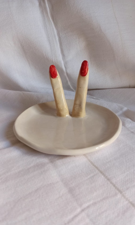 Handmade Ceramic Jewelry Plate, Ring Holder with Fingers