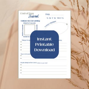May include: A printable end-of-day journal page with prompts for reflection. The design includes sections for box breathing, daily highlights, and a brain dump. The words "Instant Printable Download" are in a blue rectangle.