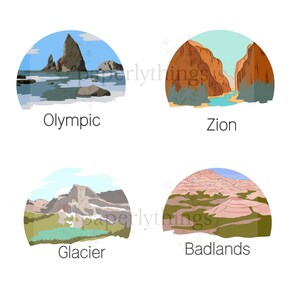 May include: Four circular illustrations of national parks: Olympic, Zion, Glacier, and Badlands. Each features a landscape scene with text labels. The Olympic illustration shows coastal rocks. Zion depicts a canyon. Glacier shows mountains and a lake. Badlands displays a desert.