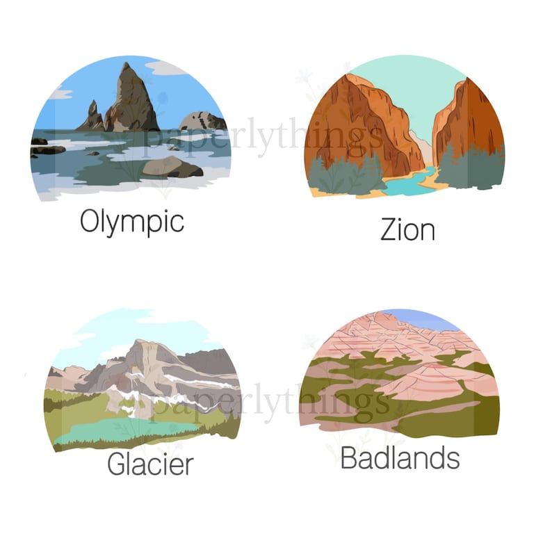 May include: Four circular illustrations of national parks: Olympic, Zion, Glacier, and Badlands. Each features a landscape scene with text labels. The Olympic illustration shows coastal rocks. Zion depicts a canyon. Glacier shows mountains and a lake. Badlands displays a desert.