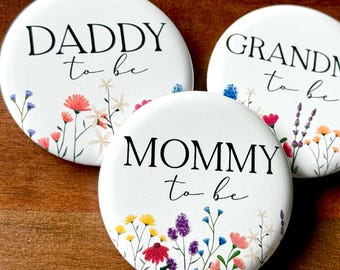 Personalized Wildflower Baby Shower Pins – Mommy to Be Button – Baby in Bloom Floral Favor