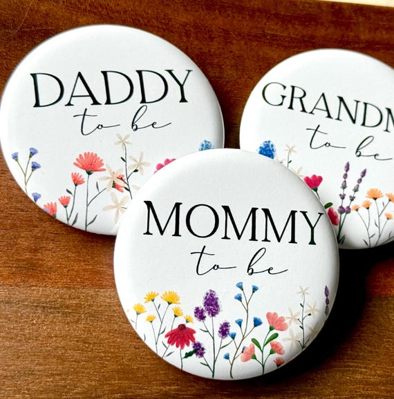 Personalized Wildflower Baby Shower Pins – Mommy to Be Button – Baby in Bloom Floral Favor