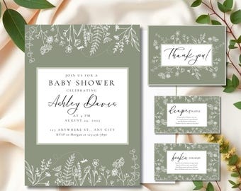 Sage Green Baby Shower Invitation Set | Editable Floral Template | Diaper Raffle, Books for Baby & Thank You | Neutral