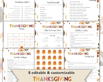 May include: Eight printable Thanksgiving game cards with a fall theme. The games include: Would You Rather, Word Scramble, Trivia, Bingo, Selfie Scavenger Hunt, Riddles & Jokes, Find the Turkeys, and Family Feud.