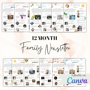 Modelo de boletim informativo mensal da família editável para o ano, 12 meses de modelos, personalizável no Canva