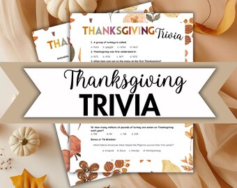 May include: Thanksgiving Trivia game with questions about the holiday. The game features a colorful autumn theme with leaves and pumpkins. The questions include: "A group of turkeys is called..." and "How many millions of pounds of turkey are eaten on Thanksgiving each year?"